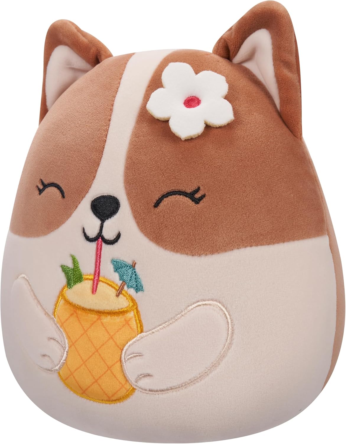 Squishmallows Original 7.5-Inch - Regina the Brown and White Corgi with Pineapple Drink and Flower