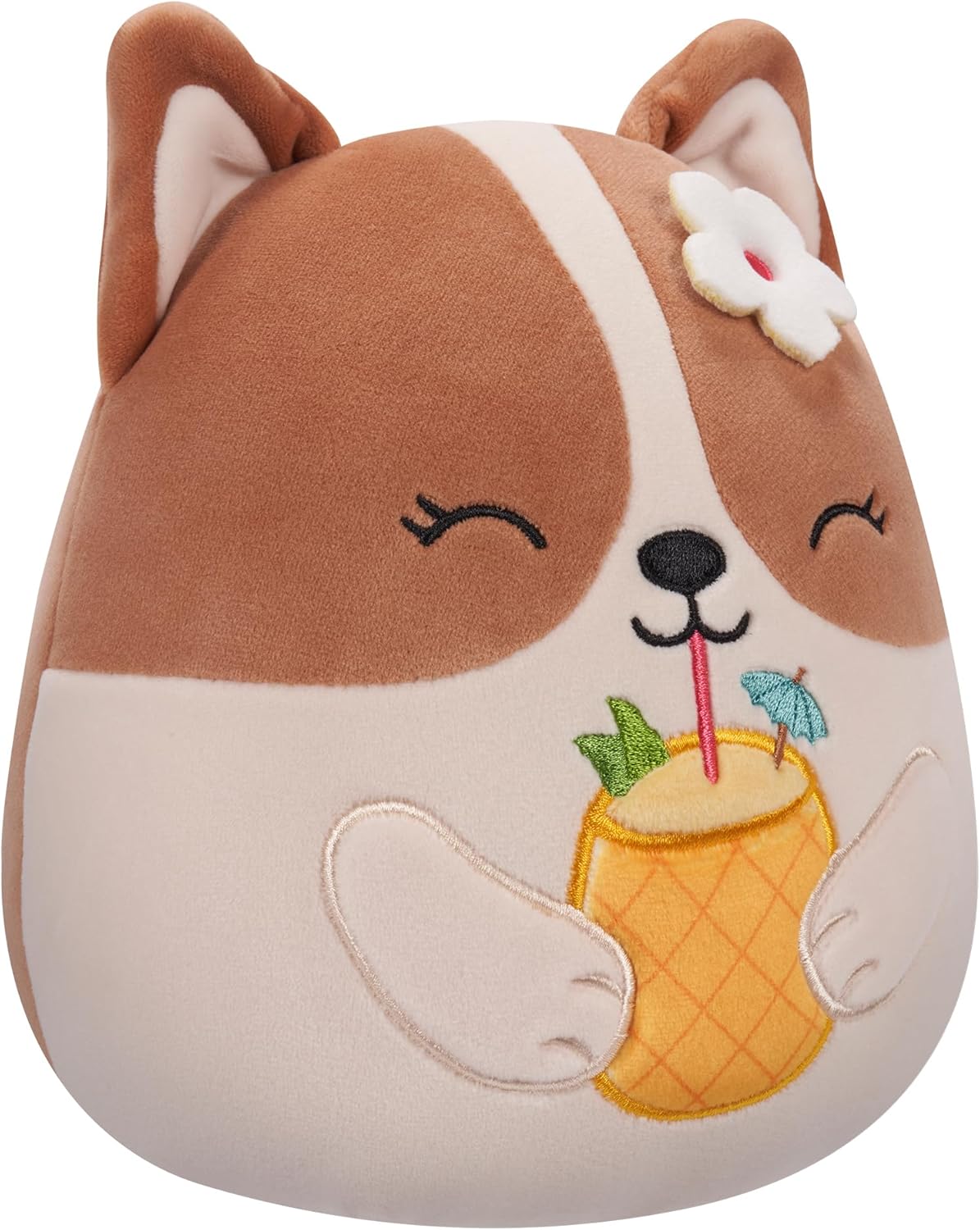 Squishmallows Original 7.5-Inch - Regina the Brown and White Corgi with Pineapple Drink and Flower