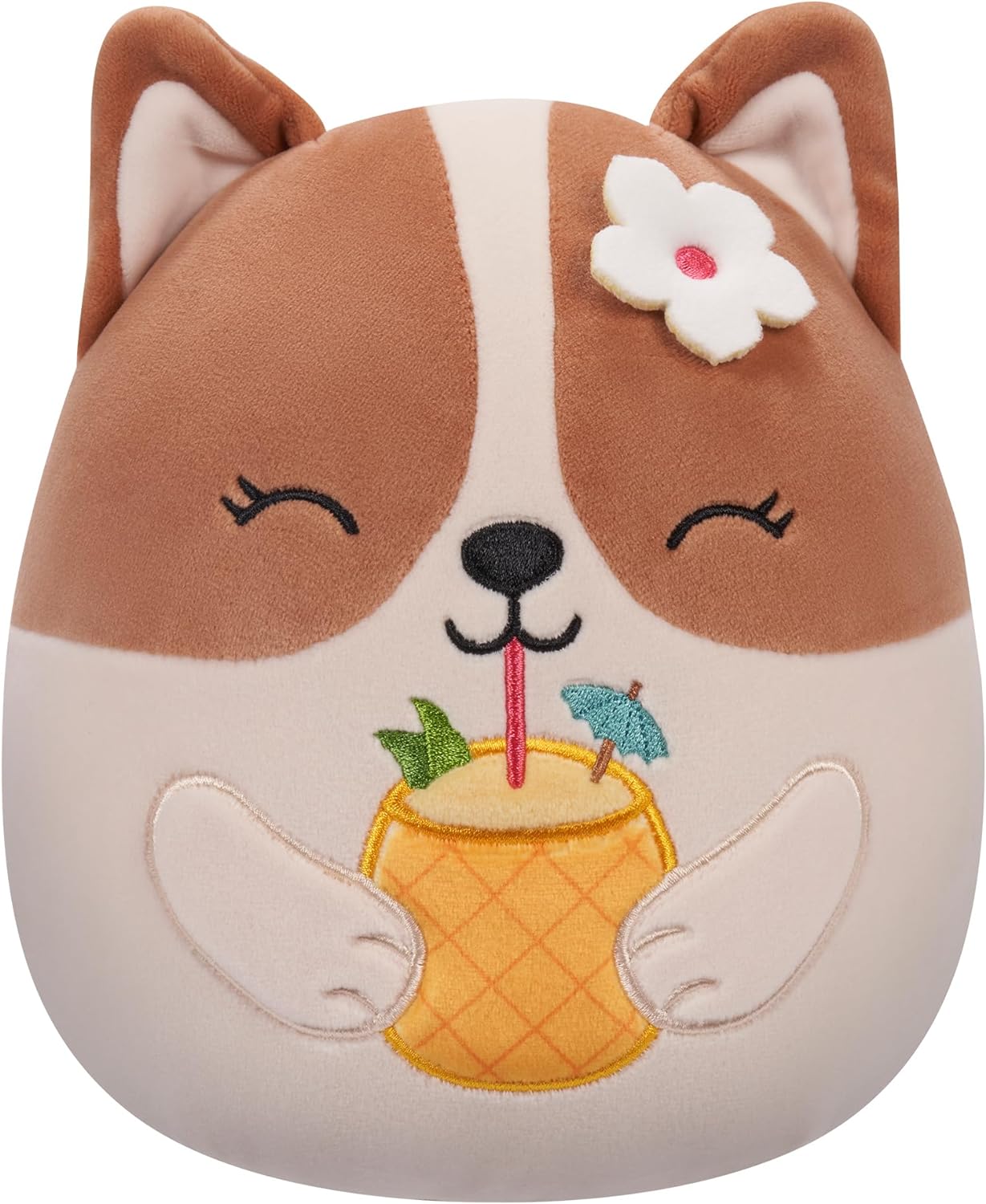 Squishmallows Original 7.5-Inch - Regina the Brown and White Corgi with Pineapple Drink and Flower