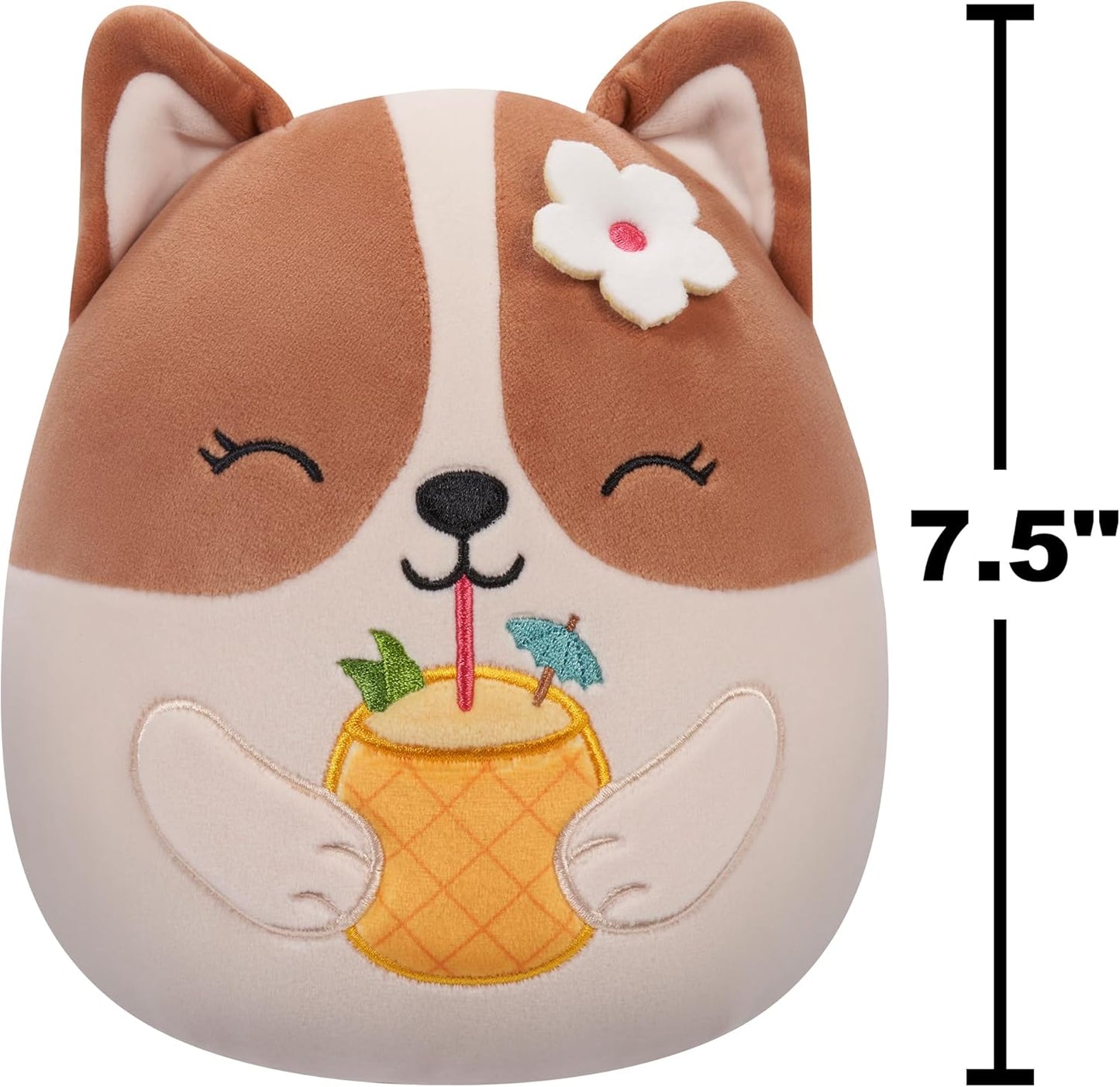Squishmallows Original 7.5-Inch - Regina the Brown and White Corgi with Pineapple Drink and Flower