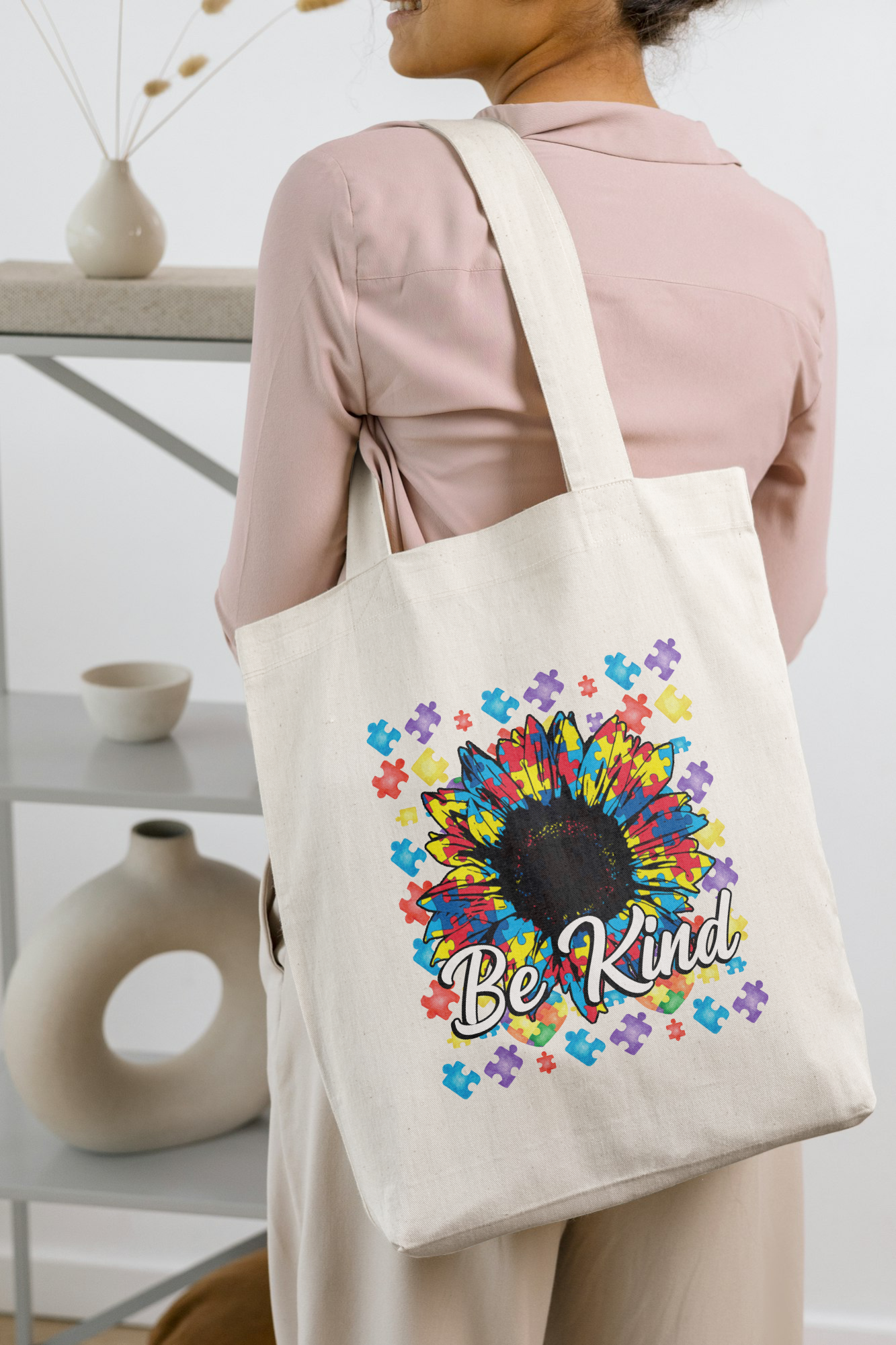 Autism Awarness -be kind sundlower 100%cotton tote bag