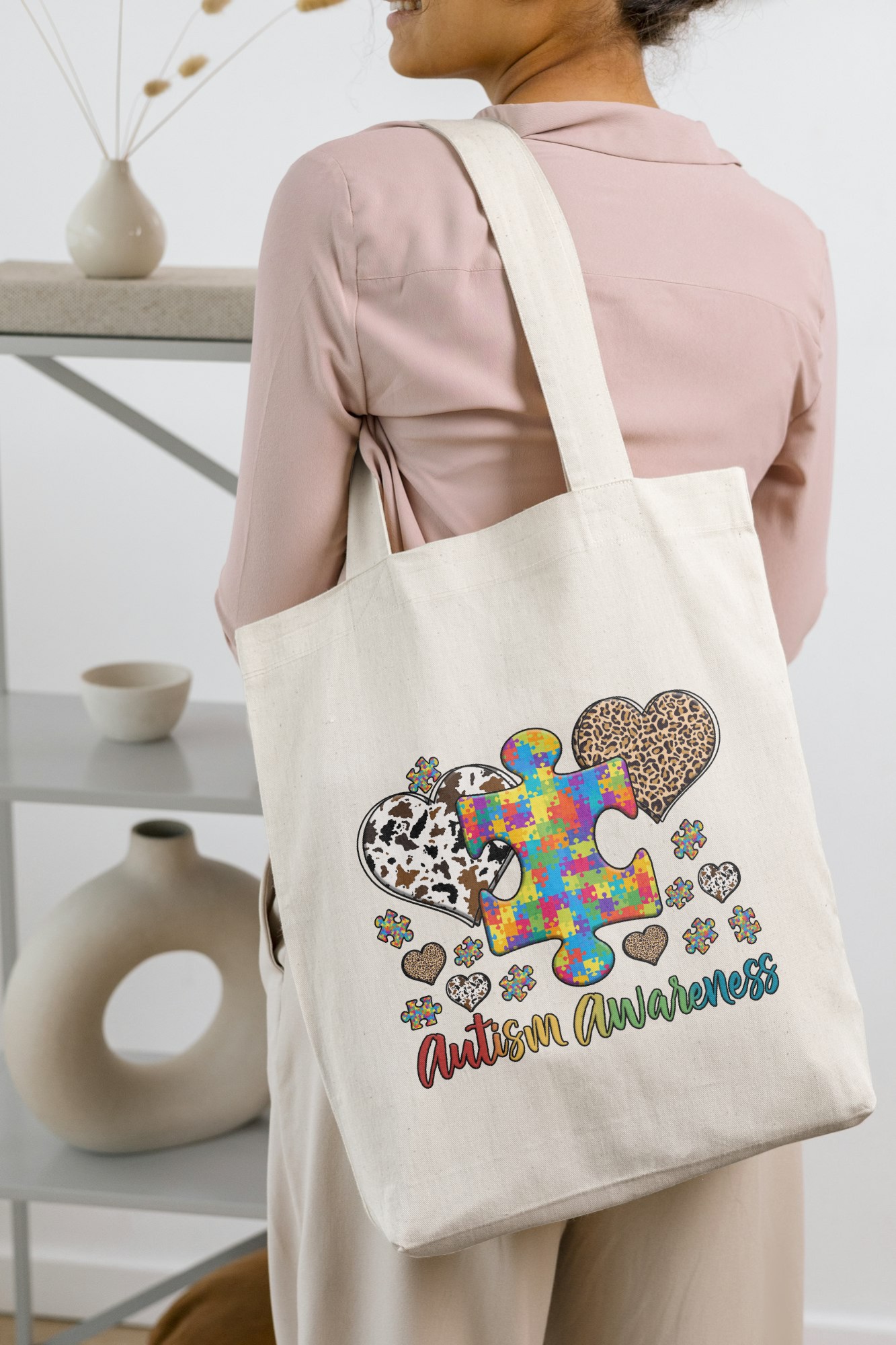 Autism Awarness -lepoard print heart 100%cotton tote bag